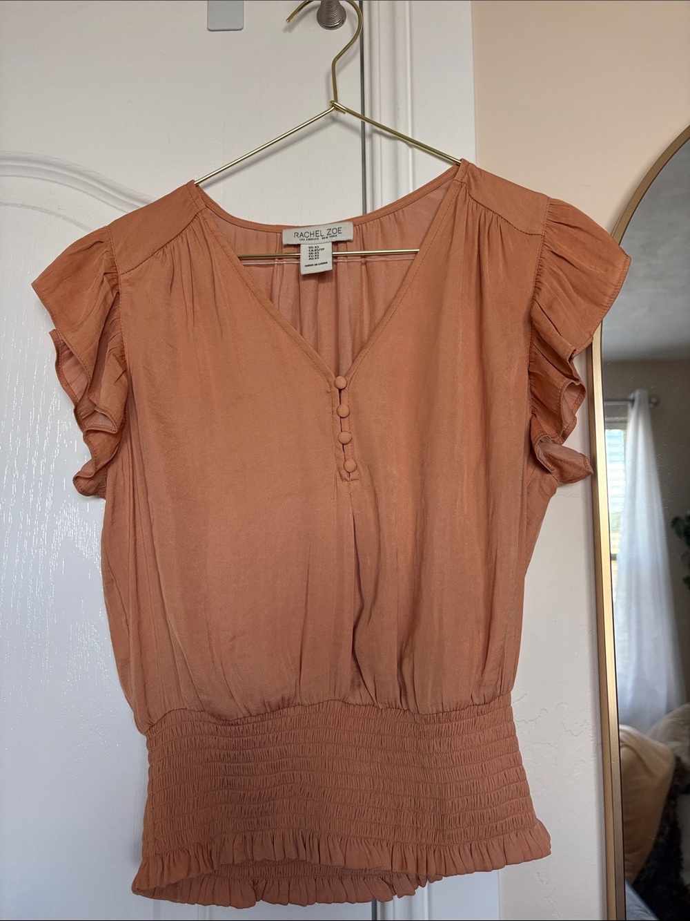 Rachel Zoe Rust Clay V-Neck Flutter Sleeve Smocked Waist Top